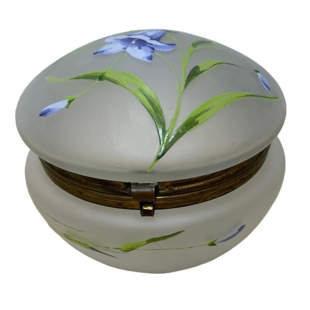 Vintage Hand Painted Clear Frost Hinge Lid Vanity Jar Floral Good Used Condition